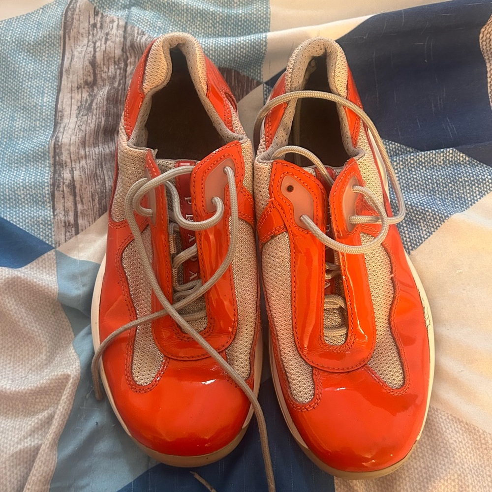 Prada Coral and Gray Sneakers